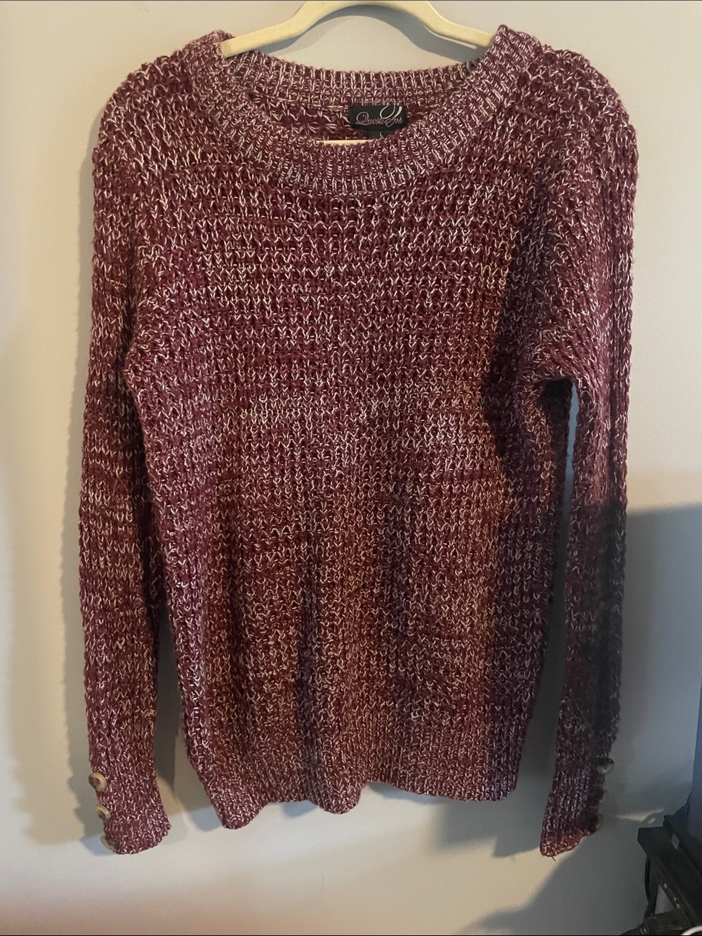 Textured Wine Marled Crewneck Sweater with Button Cuffs